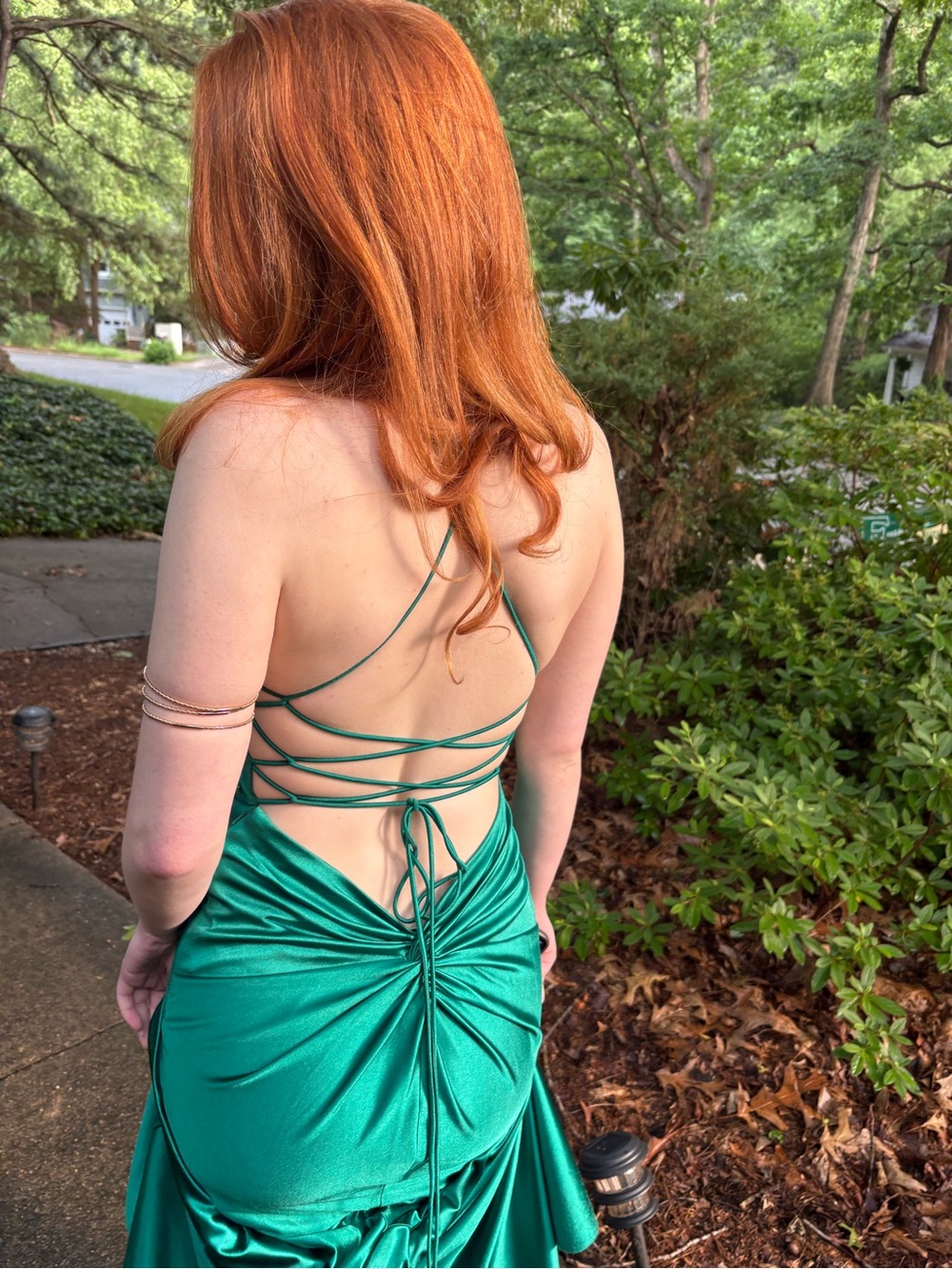 Emerald Green Satin Backless Lace-Up Evening Dress